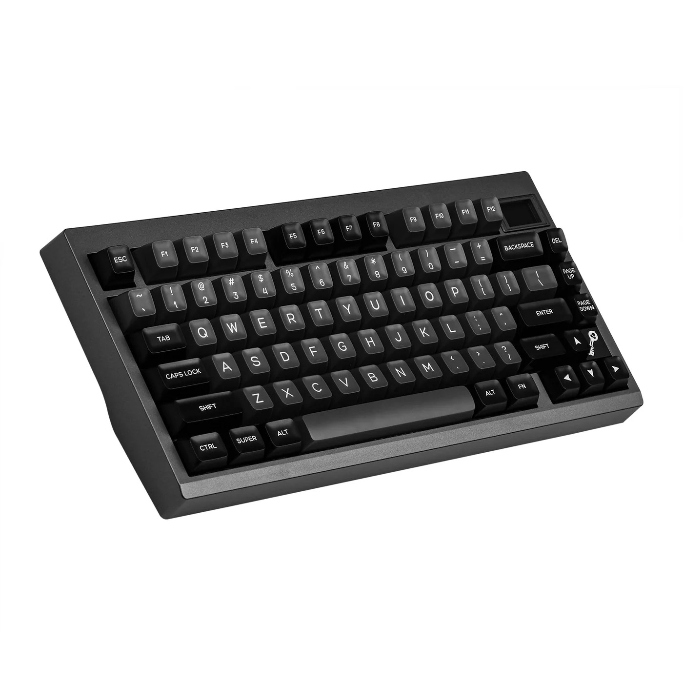 Kompaktowa czarna mechaniczna klawiatura komputerowa z angielskim układem QWERTY na jasnym tle.