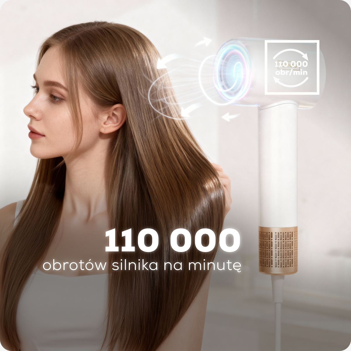 Kobieta z długimi, lśniącymi włosami obok białej i złotej suszarki o mocy 110 000 obr/min.