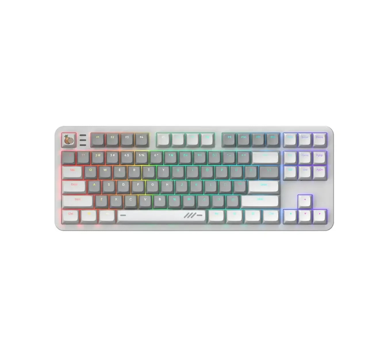 Una tastiera meccanica grigia e bianca con vivace retroilluminazione RGB, isolata su sfondo bianco.