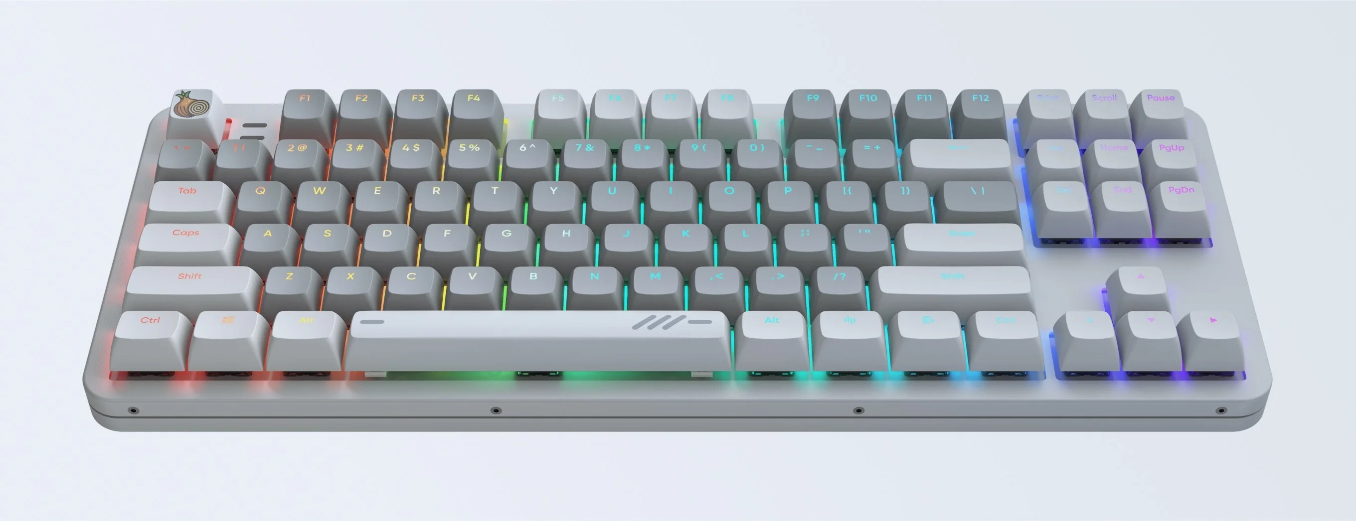 Una tastiera meccanica grigia con retroilluminazione RGB e una speciale icona di cipolla sul tasto Esc.
