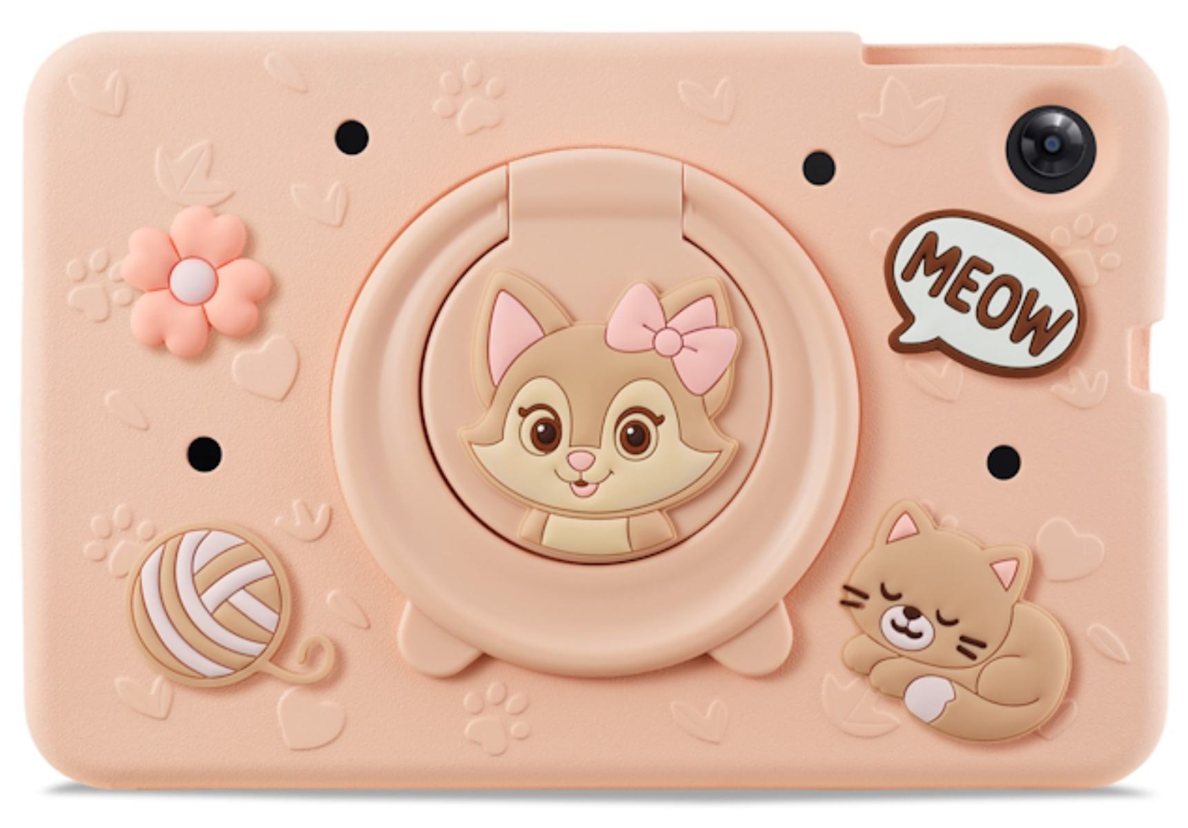 Una funda para tablet color melocotón pastel con diseño de gato, anillo de soporte, flor, ovillo y burbuja de diálogo.