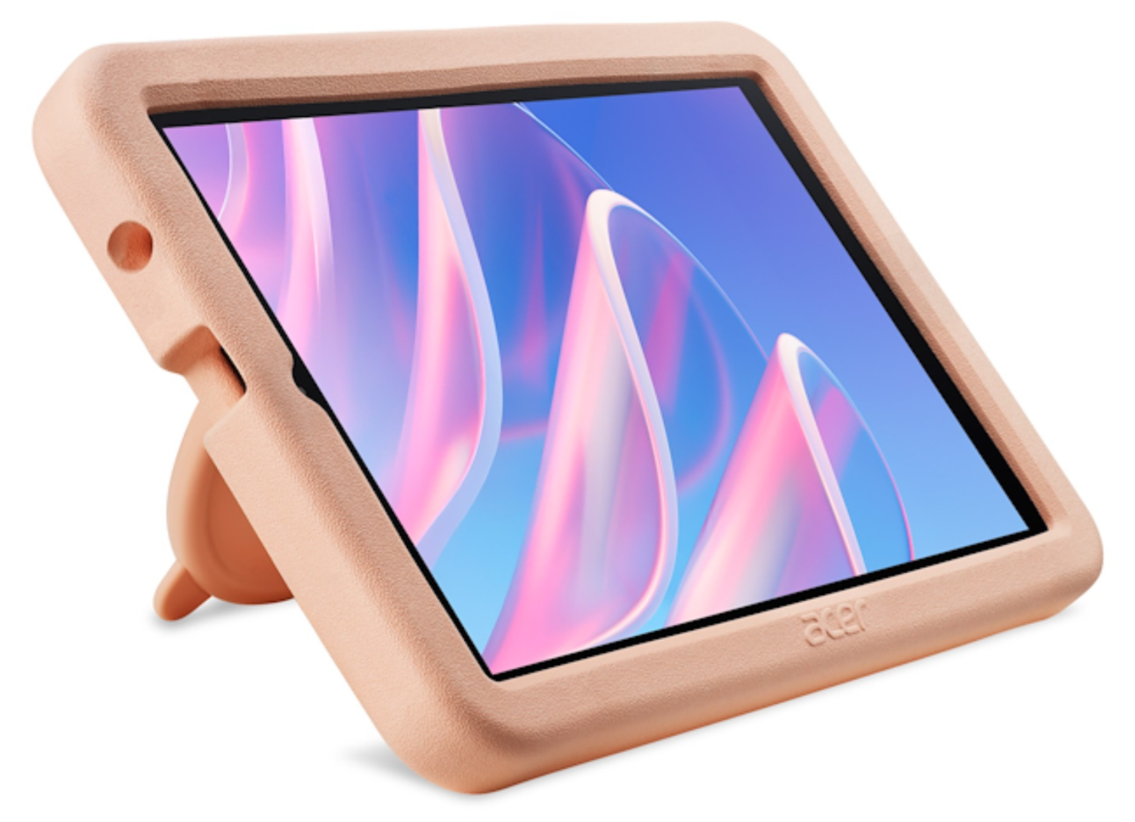 Una tableta Acer en una funda protectora rosa gruesa con soporte y pantalla azul y rosa sobre fondo blanco.