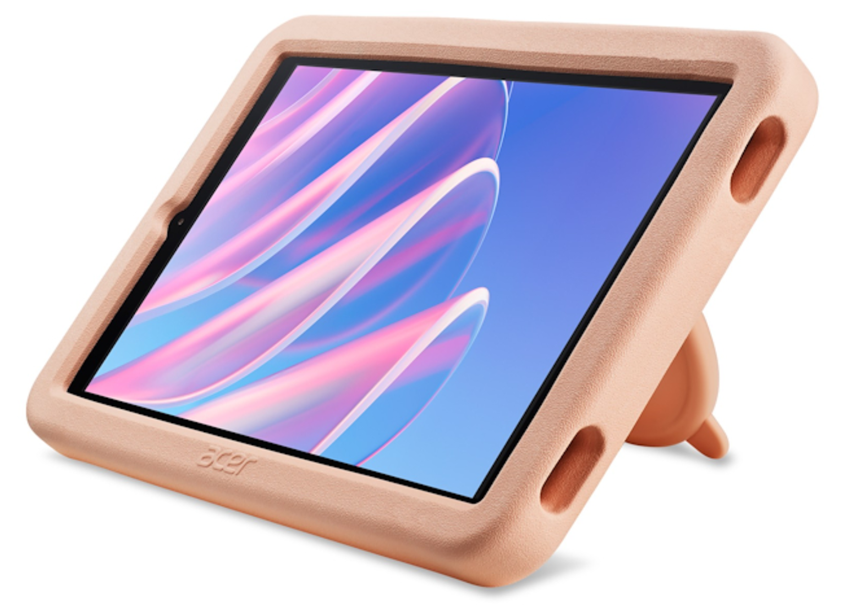 Una tableta Acer en una funda protectora gruesa de color melocotón con soporte integrado y fondo de pantalla abstracto.