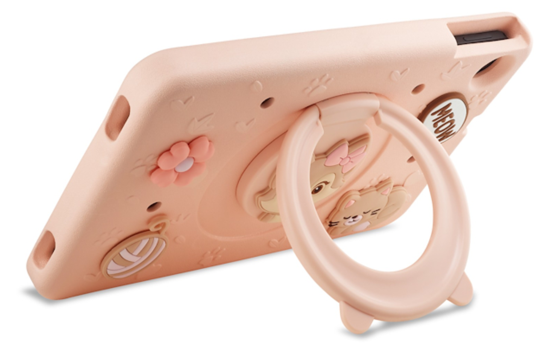 Una funda de tableta color melocotón con diseño de gato, detalle de flor y soporte de anillo integrado sobre fondo blanco.