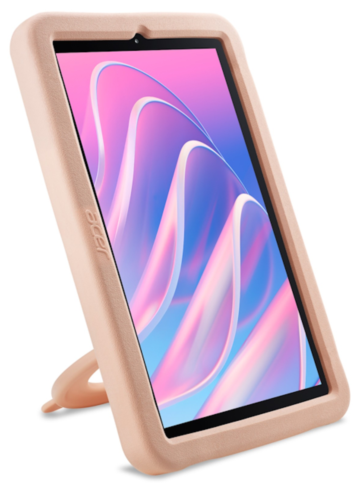 Una tableta rosa en una funda protectora con un diseño de pantalla abstracto rosa y azul, de pie.