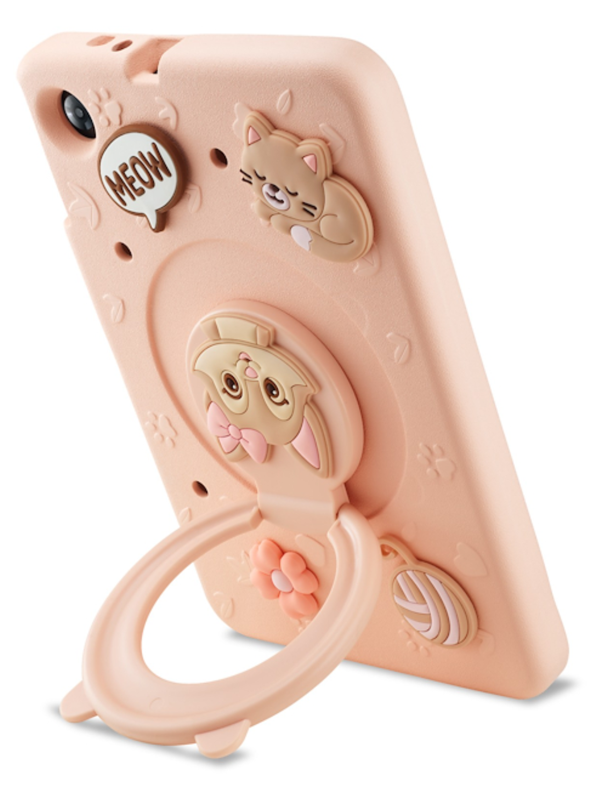 Una funda de teléfono rosa con diseño de gato tiene un soporte tipo pop socket a juego en la parte trasera.
