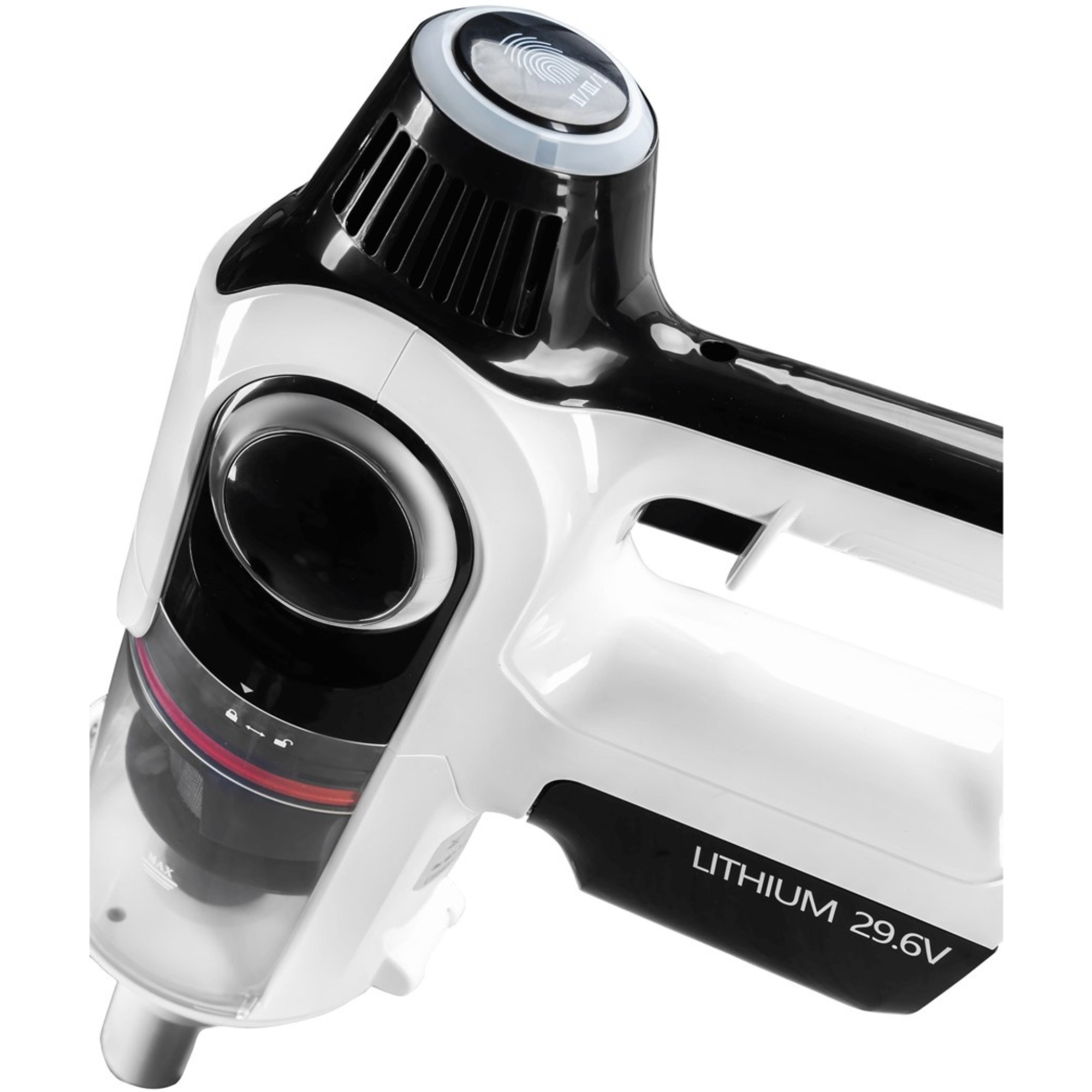 Zbliżenie biało-czarnego odkurzacza bezprzewodowego z napisem Lithium 29.6V.