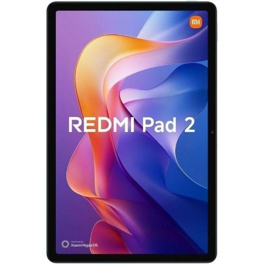 Vista frontale di un Xiaomi Redmi Pad 2 nero con sfondo colorato e testo bianco.