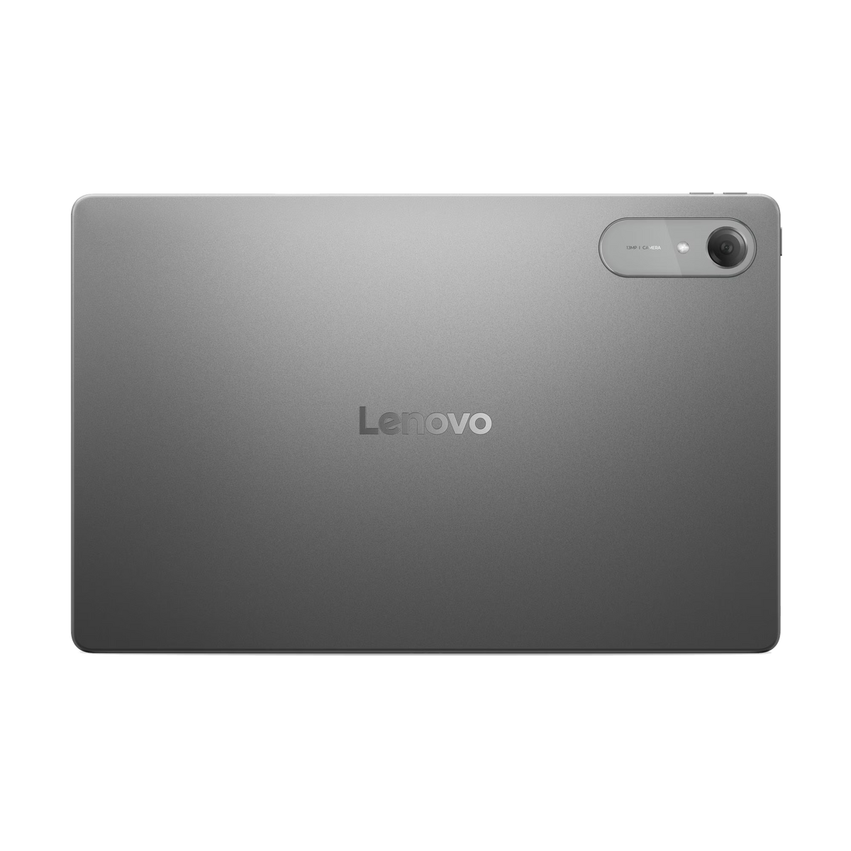 Il retro di un tablet Lenovo grigio con una fotocamera in alto a destra, su sfondo nero.