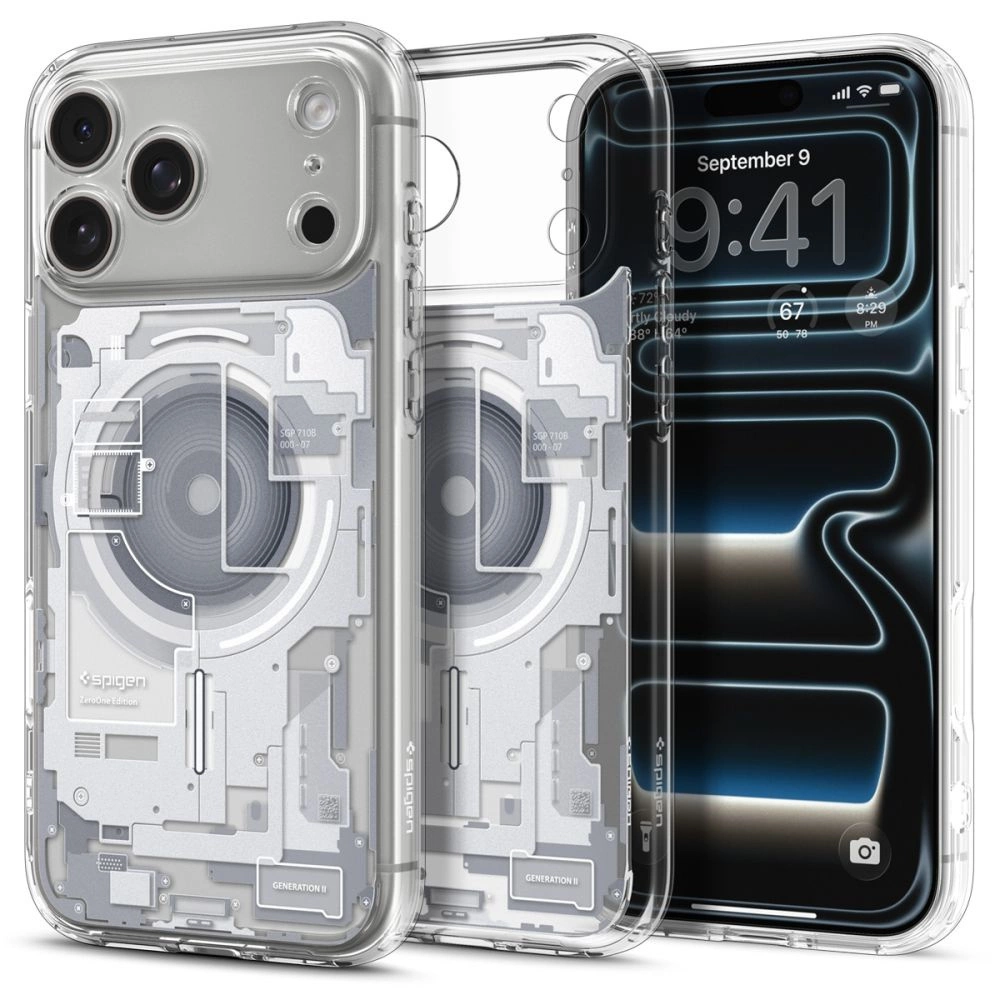 Drei transparente Handyhüllen mit aufgedrucktem Innenleben, eine zeigt ein Smartphone mit aktivem Bildschirm.