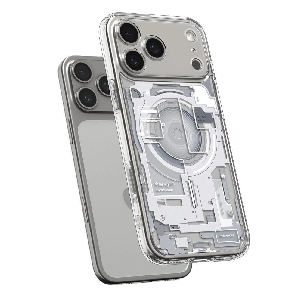 Zwei Smartphones, eines mit durchsichtiger Hülle und internen Schaltkreisen, vor weißem Hintergrund.