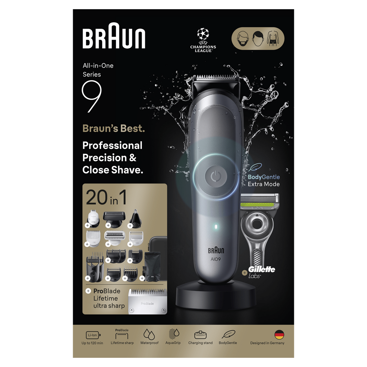 Werbebild für Braun All-in-One Series 9 Trimmer mit Aufsätzen und Wasserspritzern auf schwarzem Hintergrund.