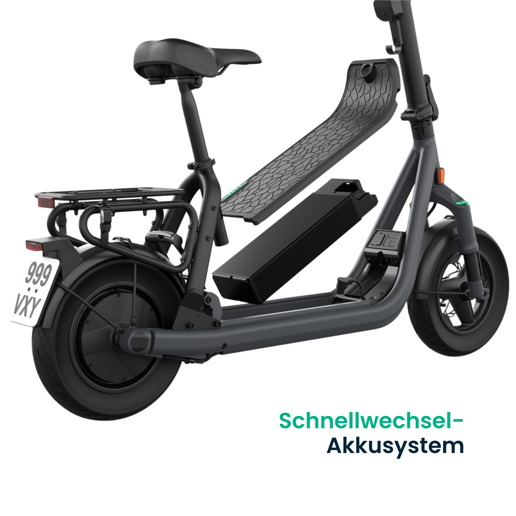 Ein schwarzes E-Bike mit einem offenen Rahmen, der die herausnehmbare Batterie und ein Trittbrett zeigt.