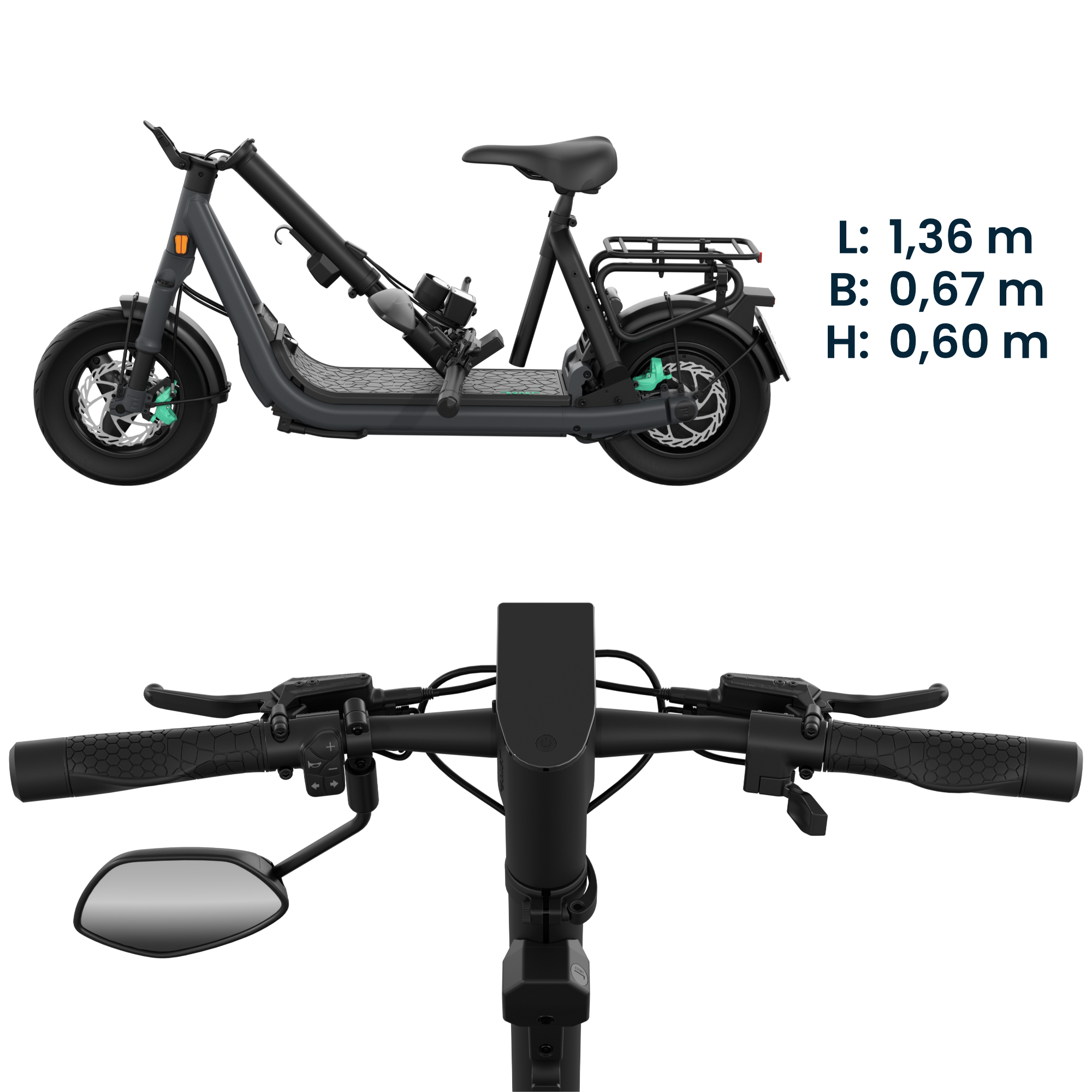 Schwarzes Elektro-Moped mit Maßen und Detailansicht des Lenkers.