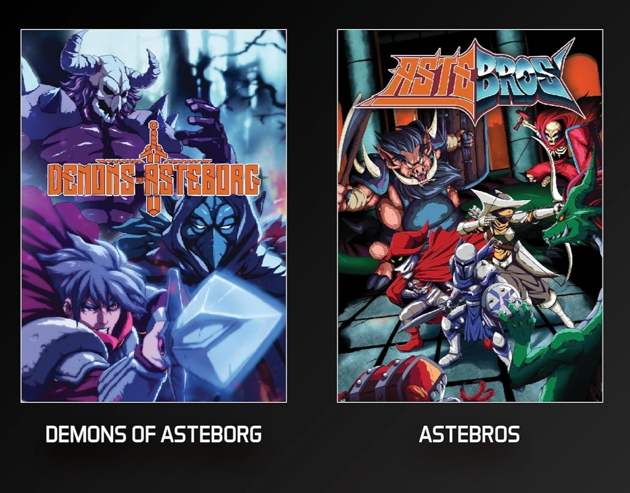 Okładki gier z postaciami z Demons of Asteborg i Astebros na czarnym tle.