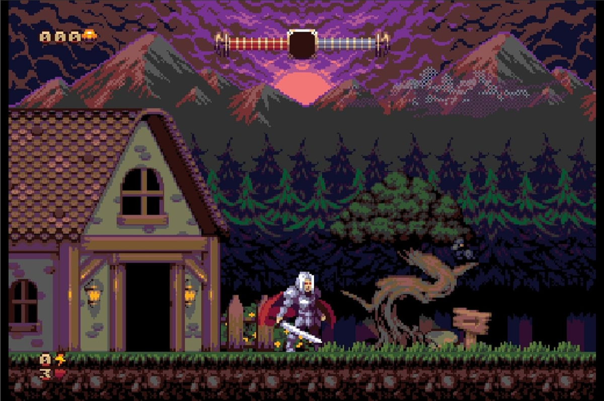 Scena pixel art przedstawiająca wojownika z mieczem przed domem, z lasem i górami pod fioletowym niebem.