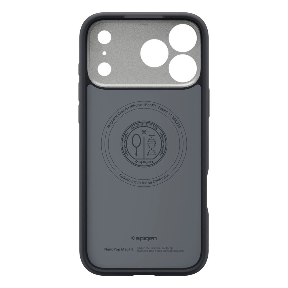 Graue Spigen MagFit Handyhülle mit kreisförmigem Magnetdesign und Kameraaussparungen auf weißem Hintergrund.