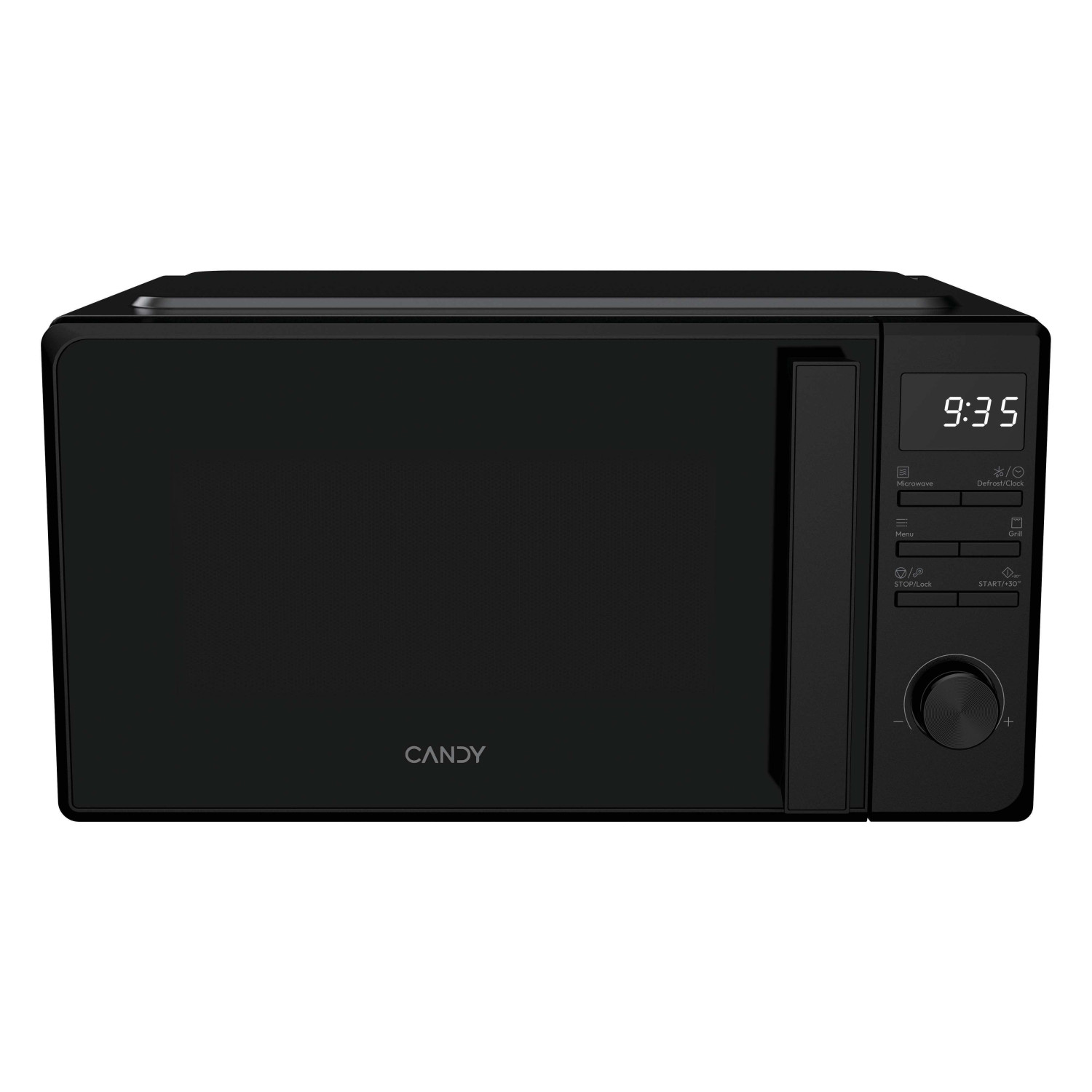 Un microondas Candy negro con pantalla digital, botones y un dial a la derecha.