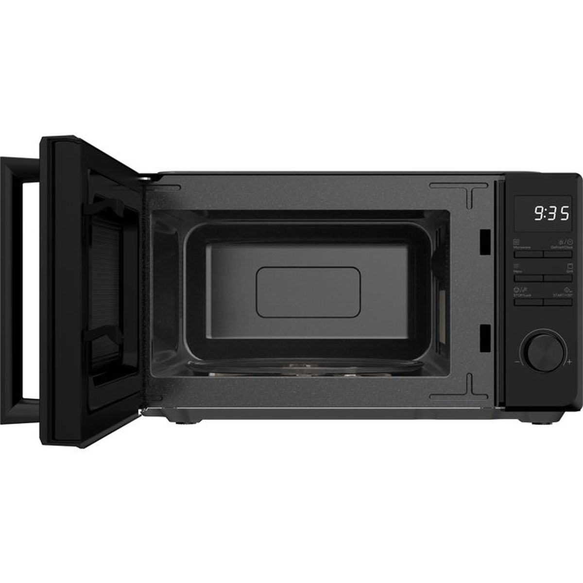 Un microondas negro con la puerta abierta, botones, pantalla digital y un selector en el lado derecho.
