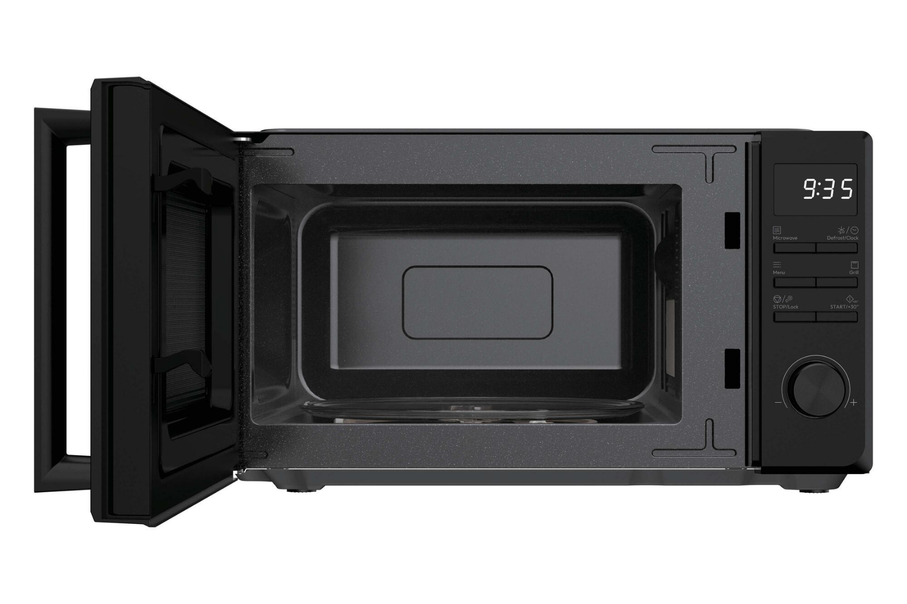 Microondas negro con la puerta abierta, pantalla digital y botones de control a la derecha.