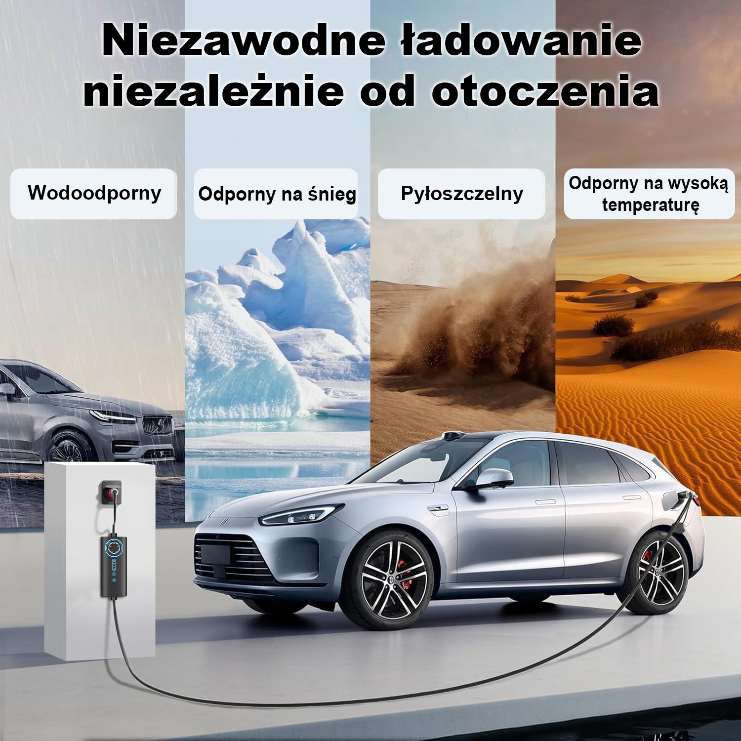 Srebrny samochód elektryczny ładuje się na stacji. Cztery panele pokazują odporność na deszcz, śnieg, kurz i upały.