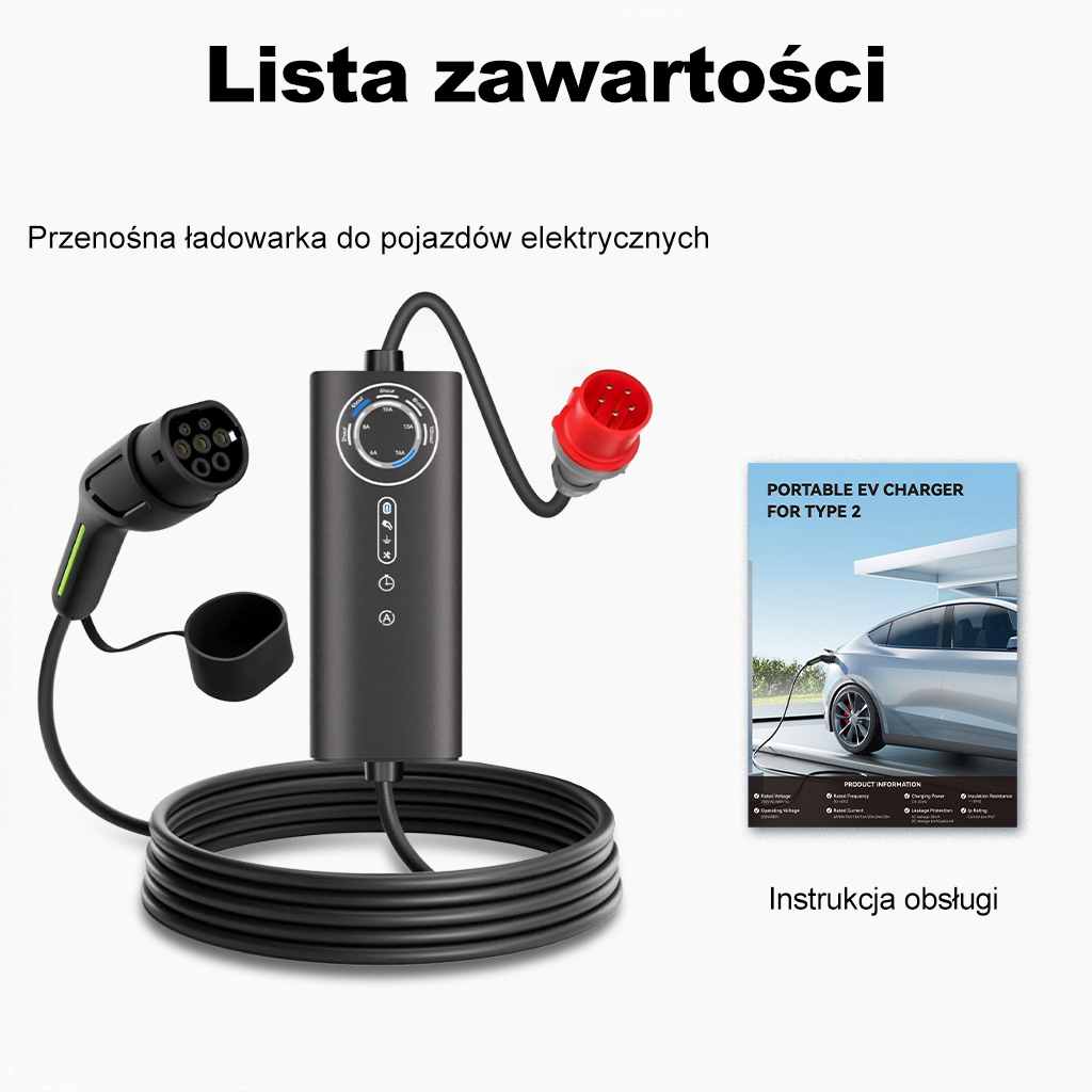 Przenośna ładowarka EV z wtyczką, skrzynką sterowniczą, kablem i instrukcją na białym tle.