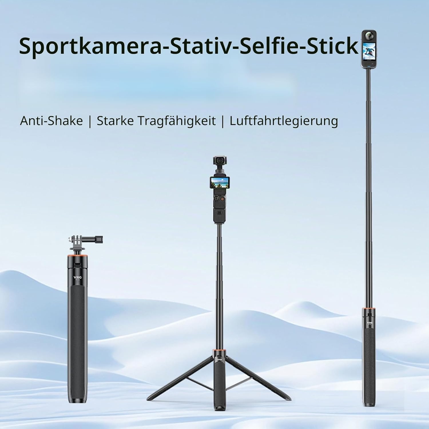 Drei schwarze Stativ- und Selfie-Stick-Varianten für Sportkameras stehen vor einem winterlichen Hintergrund.