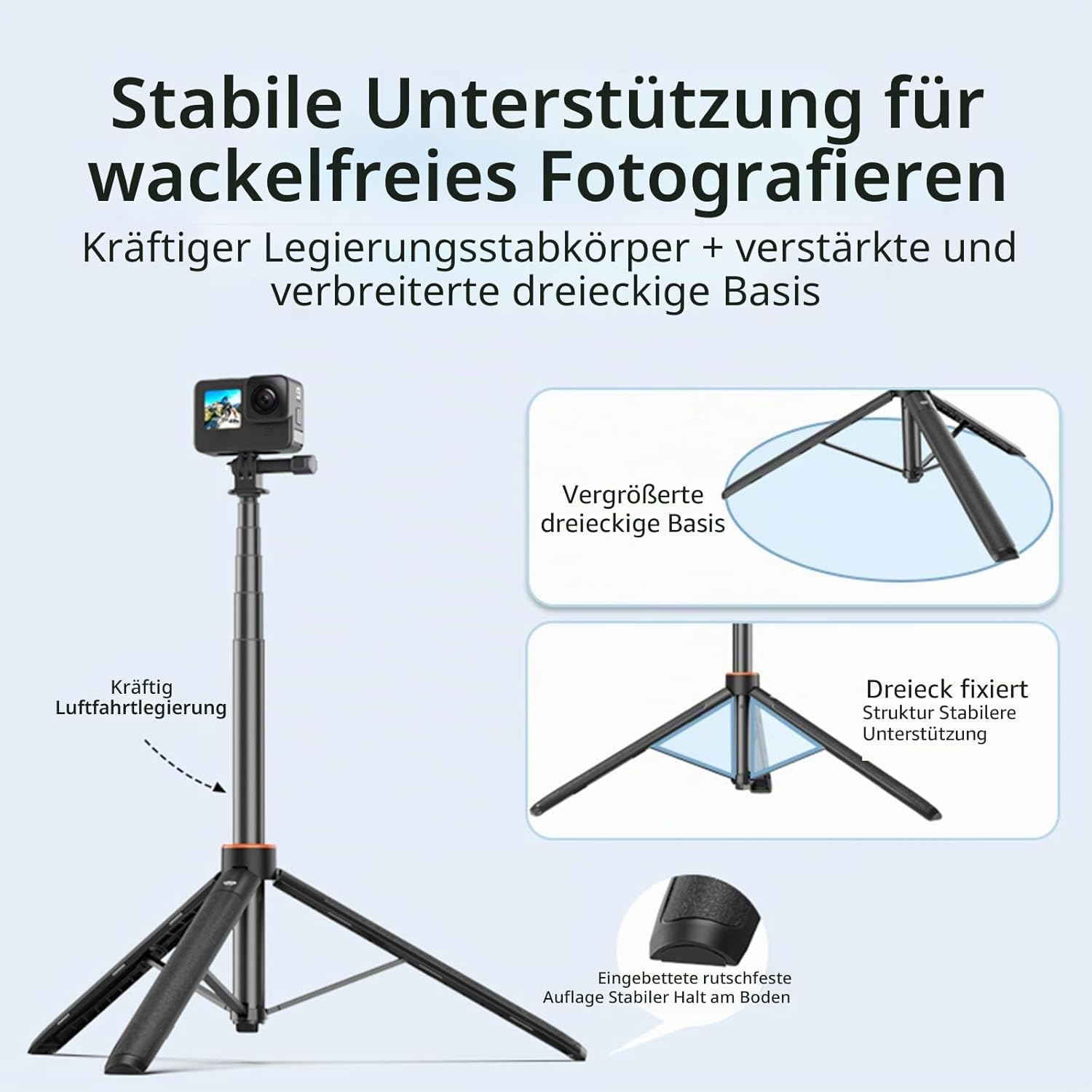 Stabiles Stativ mit Legierungsstab und dreieckiger Basis für Kameras.