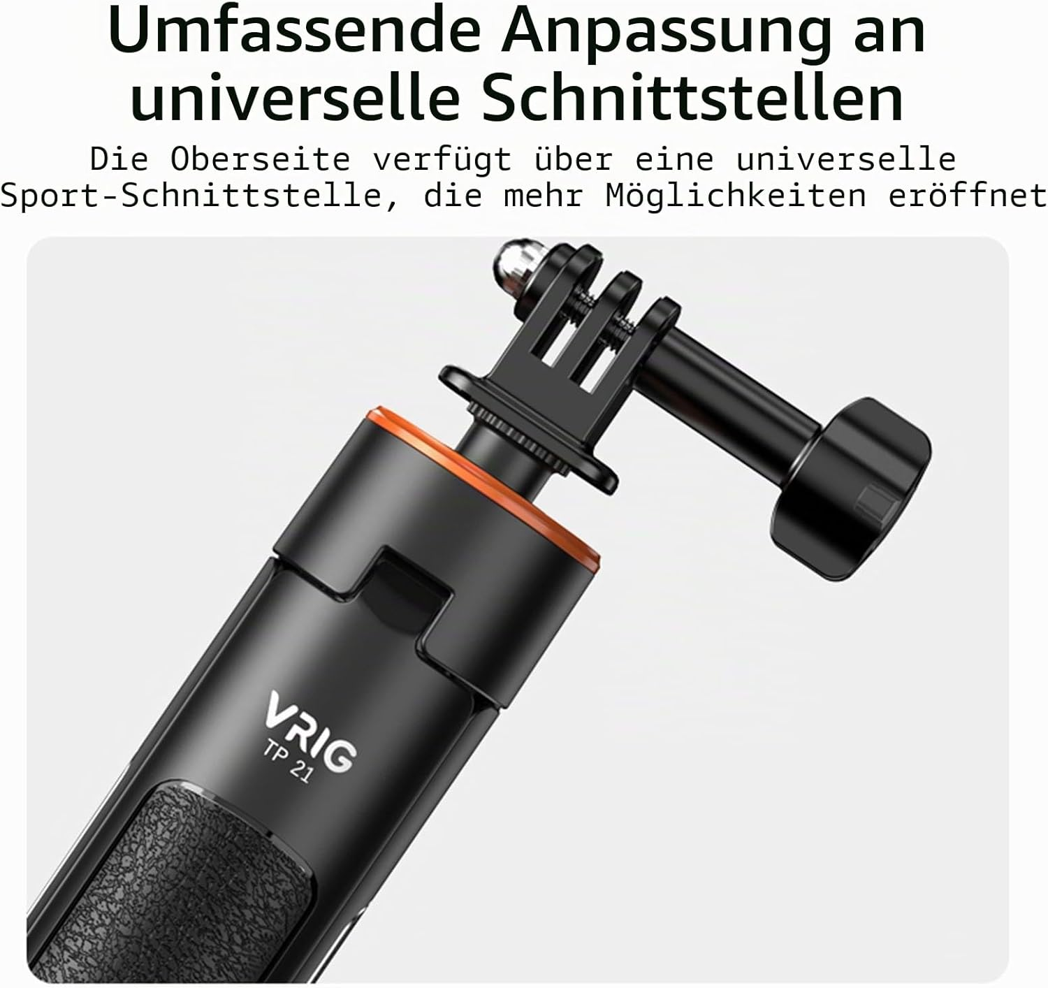 Ein schwarzes VRIG TP 21 Mini-Stativ mit orangefarbenem Ring und universeller Action-Cam-Halterung.