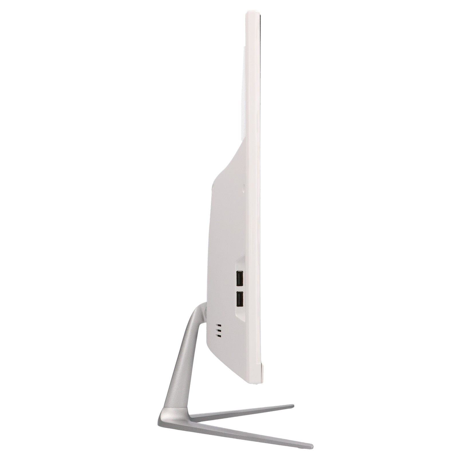 Widok z boku białego komputera typu all-in-one ze srebrną podstawą i widocznymi portami USB.
