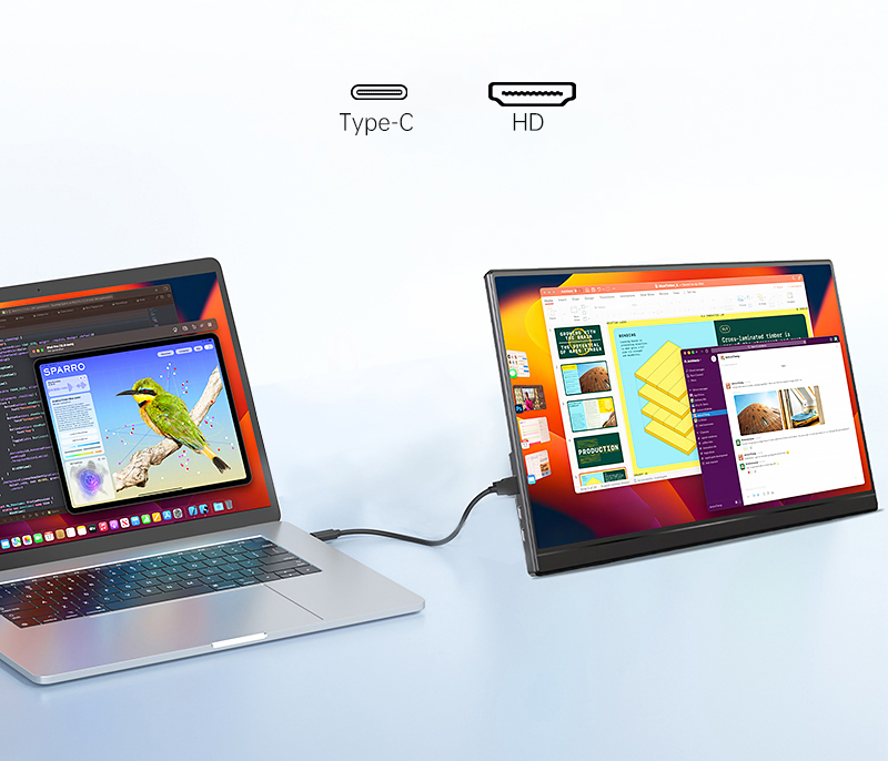 Laptop jest połączony z monitorem zewnętrznym za pomocą kabla Type-C, u góry ikony Type-C i HD.