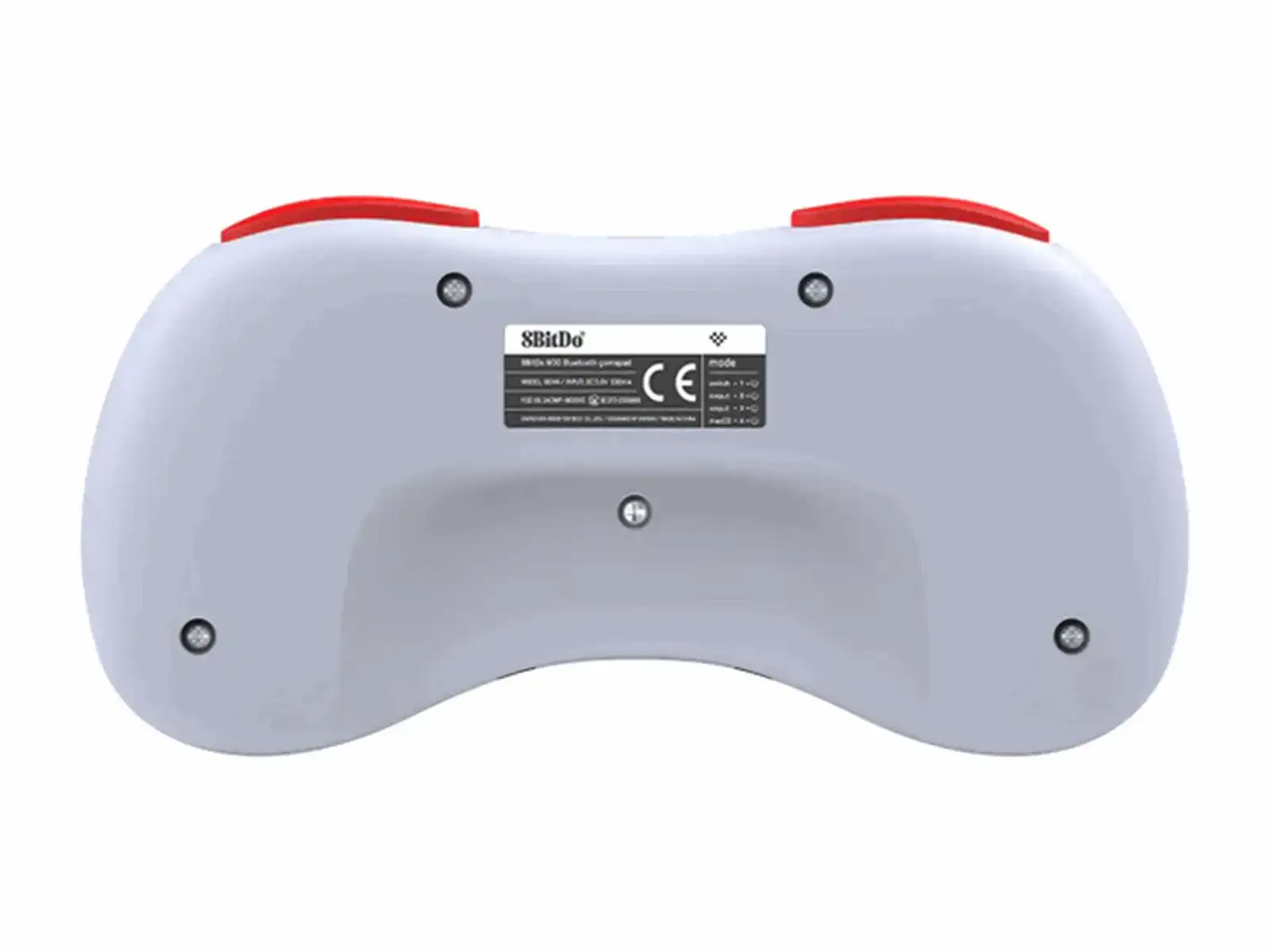 Tył jasnoszarego kontrolera 8BitDo z czerwonymi przyciskami i etykietą produktu.