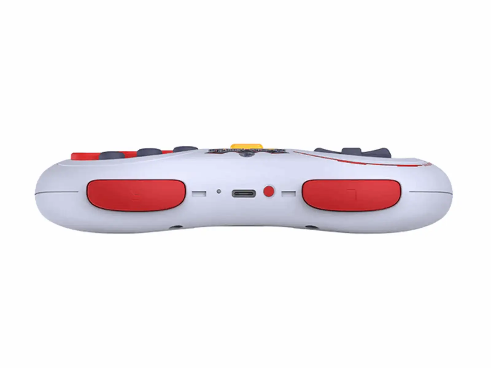 Widok z przodu białego kontrolera do gier z czerwonymi przyciskami na górze, portem USB-C i lampką stanu.