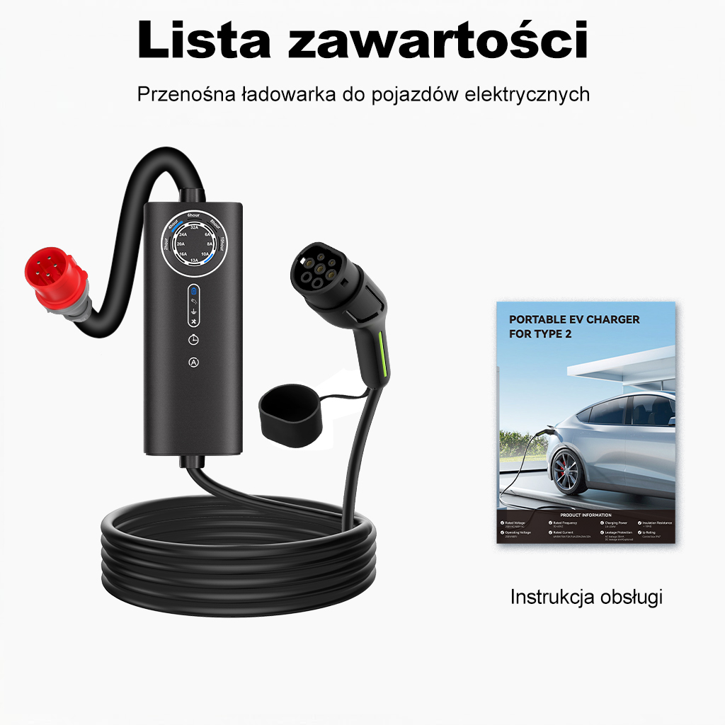 Przenośna ładowarka EV z czerwoną wtyczką, panelem i instrukcją.