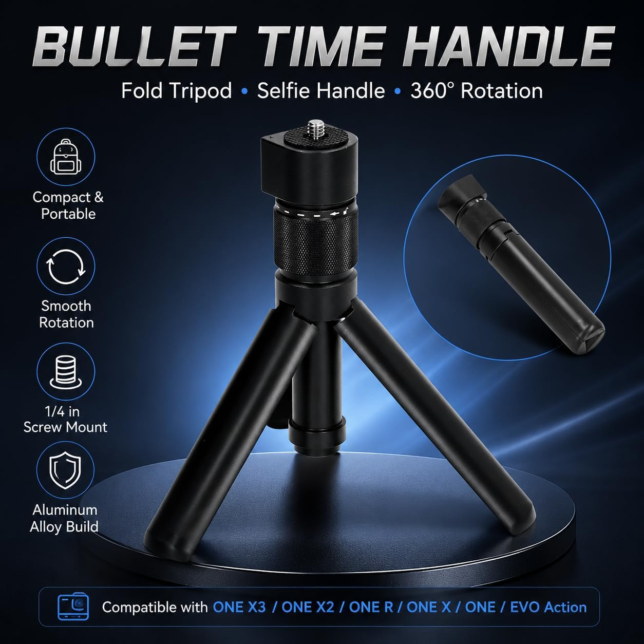 Schwarzes Bullet-Time-Stativ für Action-Kameras auf blauem Hintergrund mit Funktionssymbolen.