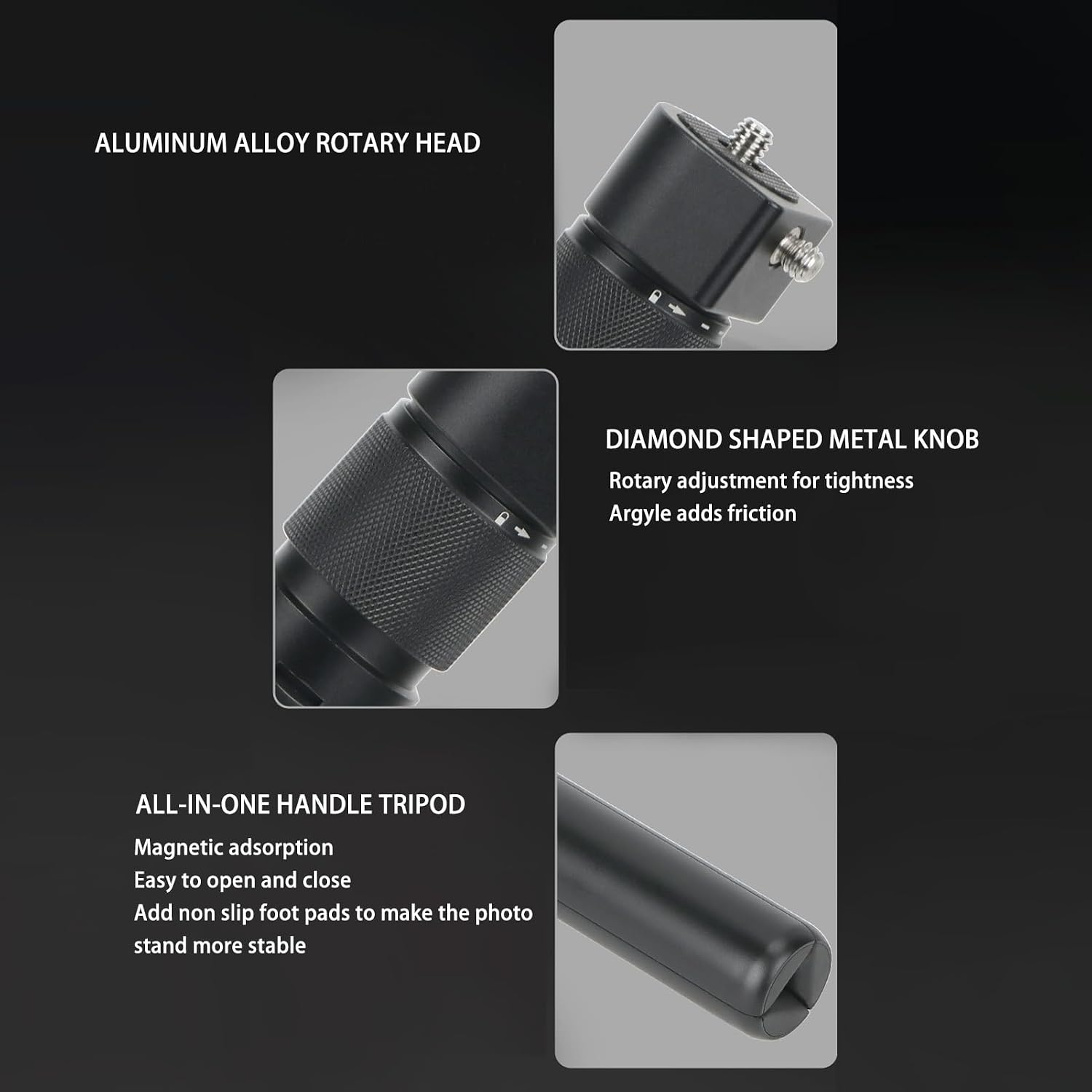 Produktmerkmale des Stativs: Aluminium-Drehkopf, Metallknopf und integrierter Handgriff mit rutschfester Basis.