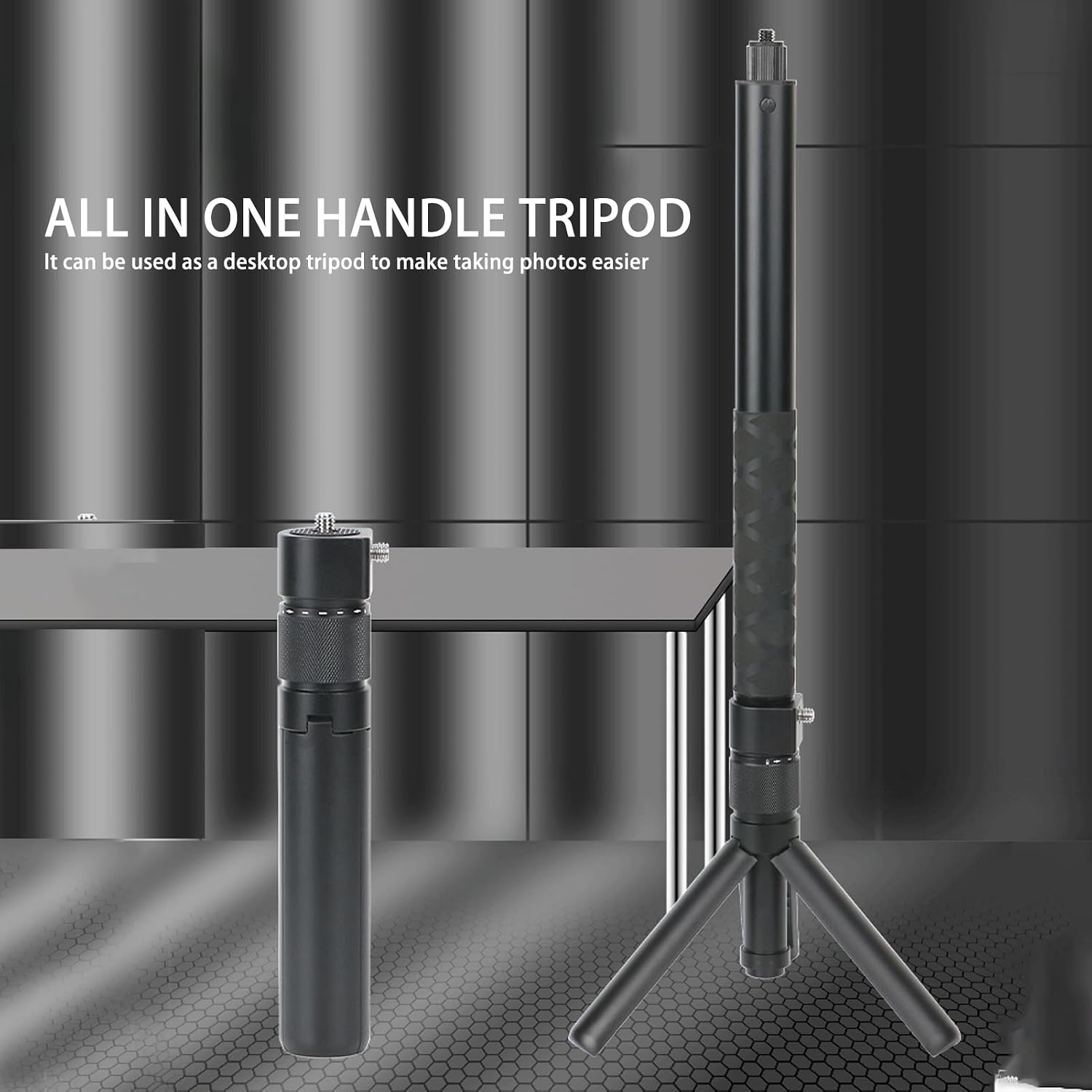 Ein schwarzes All-in-One-Stativ, das als Tischstativ oder Griff genutzt werden kann, steht vor einer dunklen Wand.