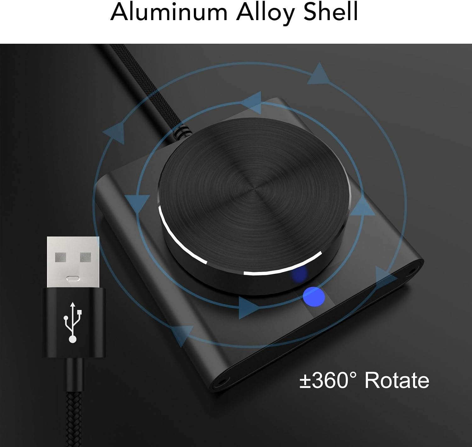 Aluminiumgehäuse mit einem drehbaren runden Element und angeschlossenem USB-Kabel auf dunklem Hintergrund.