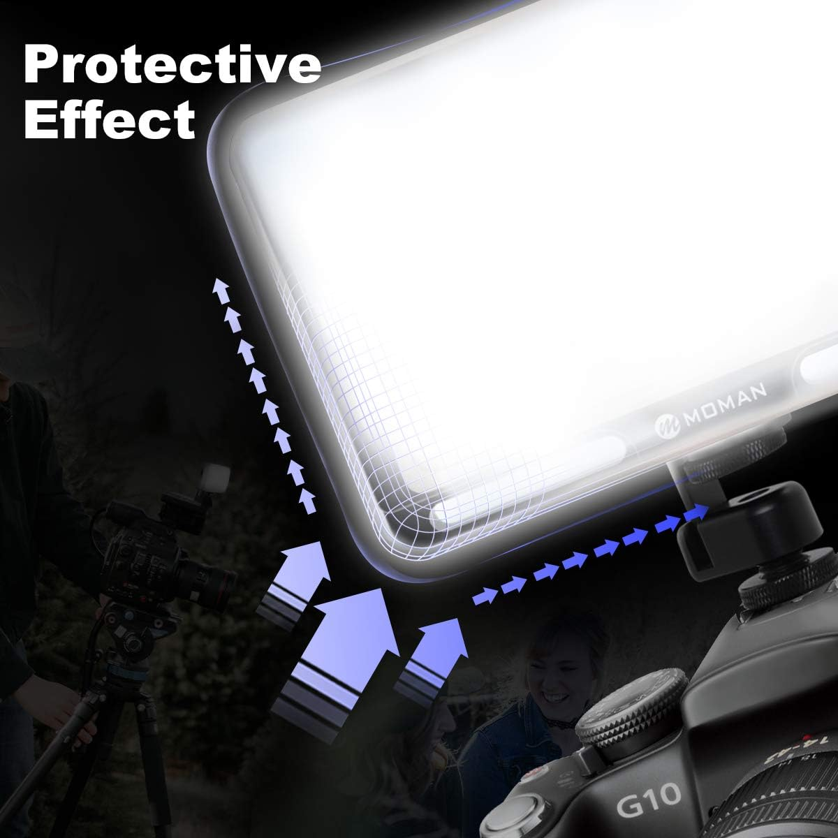 Ein beleuchtetes LED-Panel mit dem Moman-Logo und Schutzgrafiken.