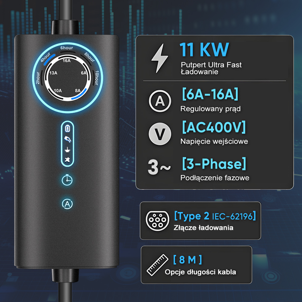 Ładowarka EV o mocy 11kW, prądzie 6A-16A, napięciu AC400V, 3-fazowa, wtyk Typ 2, kabel 8m.
