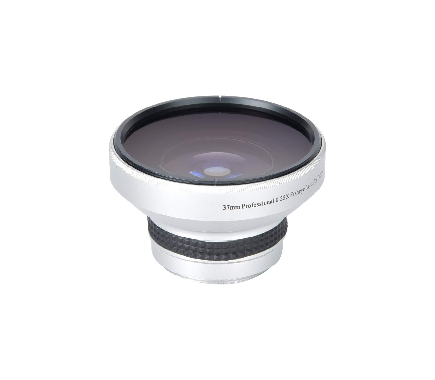 Ein silbernes 37-mm-Professional-0,25x-Fisheye-Objektiv vor weißem Hintergrund.