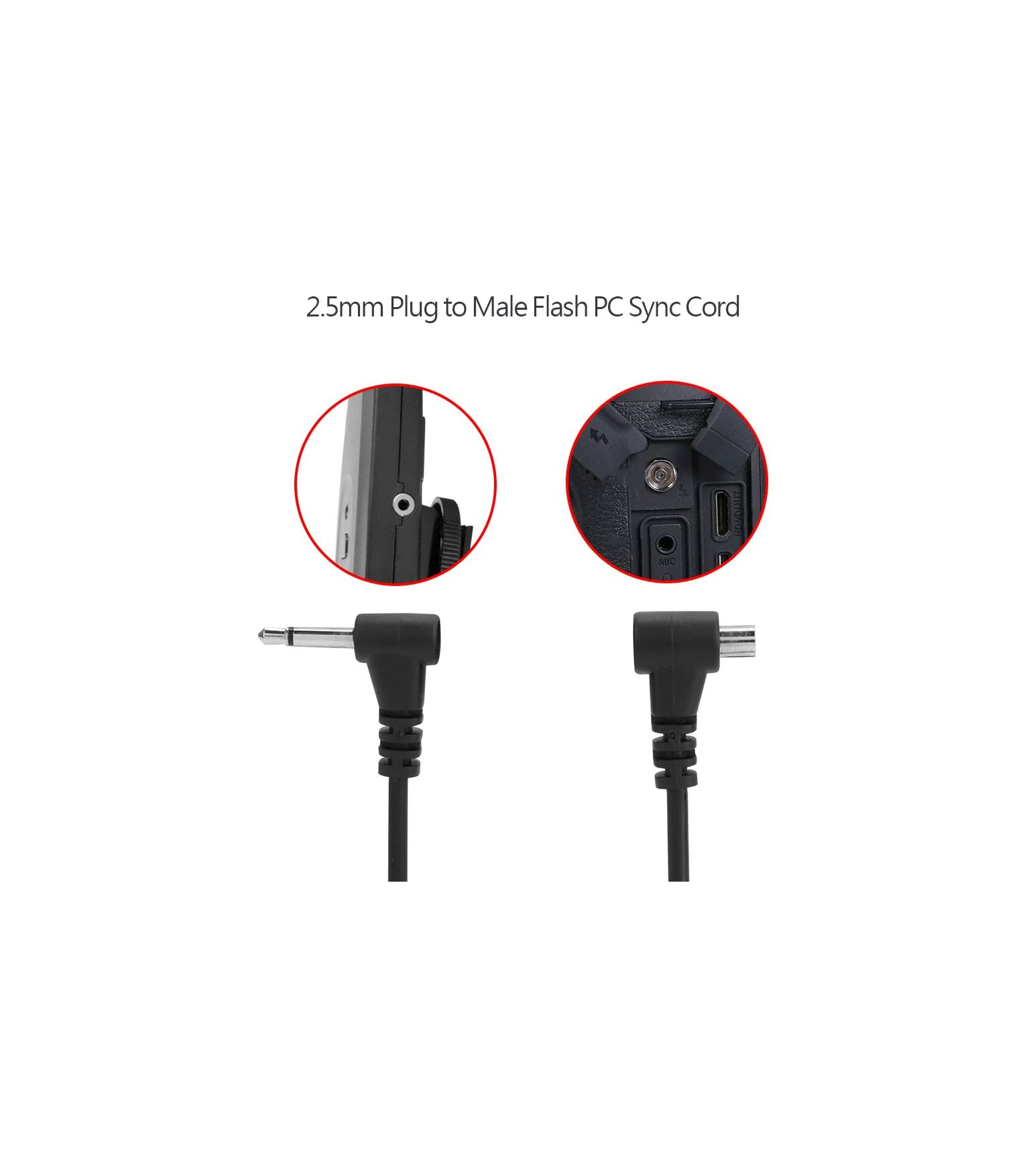 2,5 mm Stecker auf männliches Blitz-PC-Synchronkabel mit Anschlussdetails.
