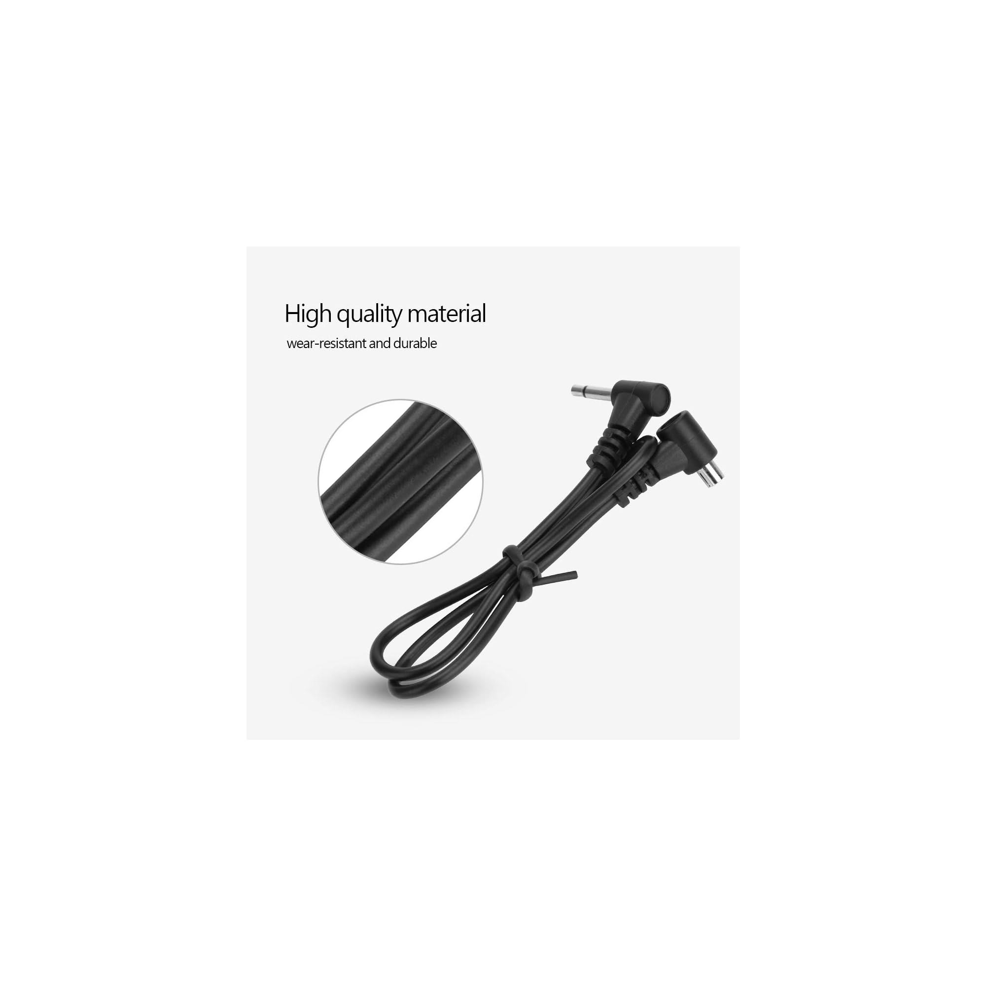 Ein schwarzes, langlebiges Kabel mit gewinkelten Steckern auf weißem Hintergrund und Text oben links.