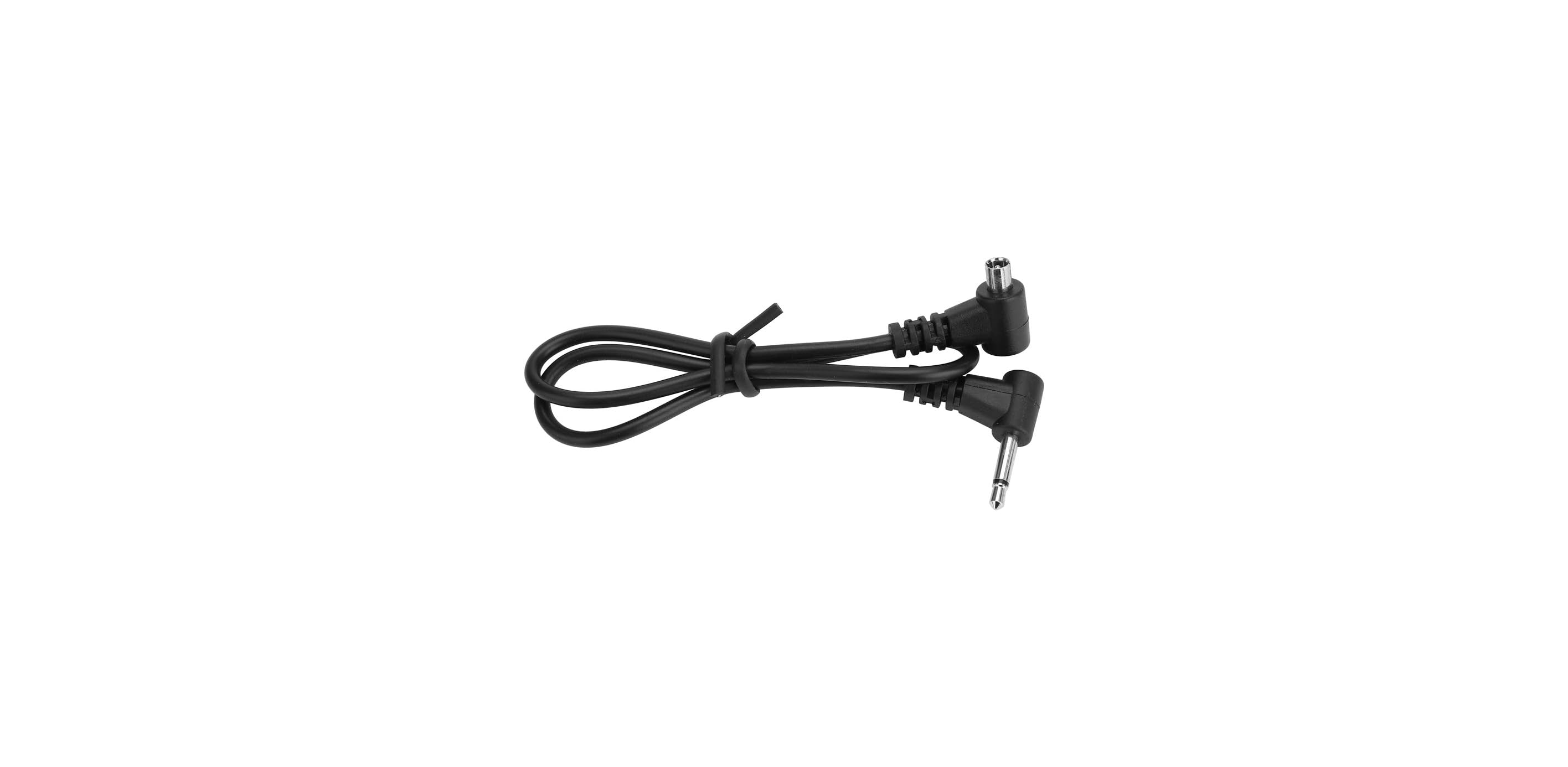 Ein zusammengerolltes schwarzes Audiokabel mit zwei rechtwinkligen Steckern auf weißem Hintergrund.
