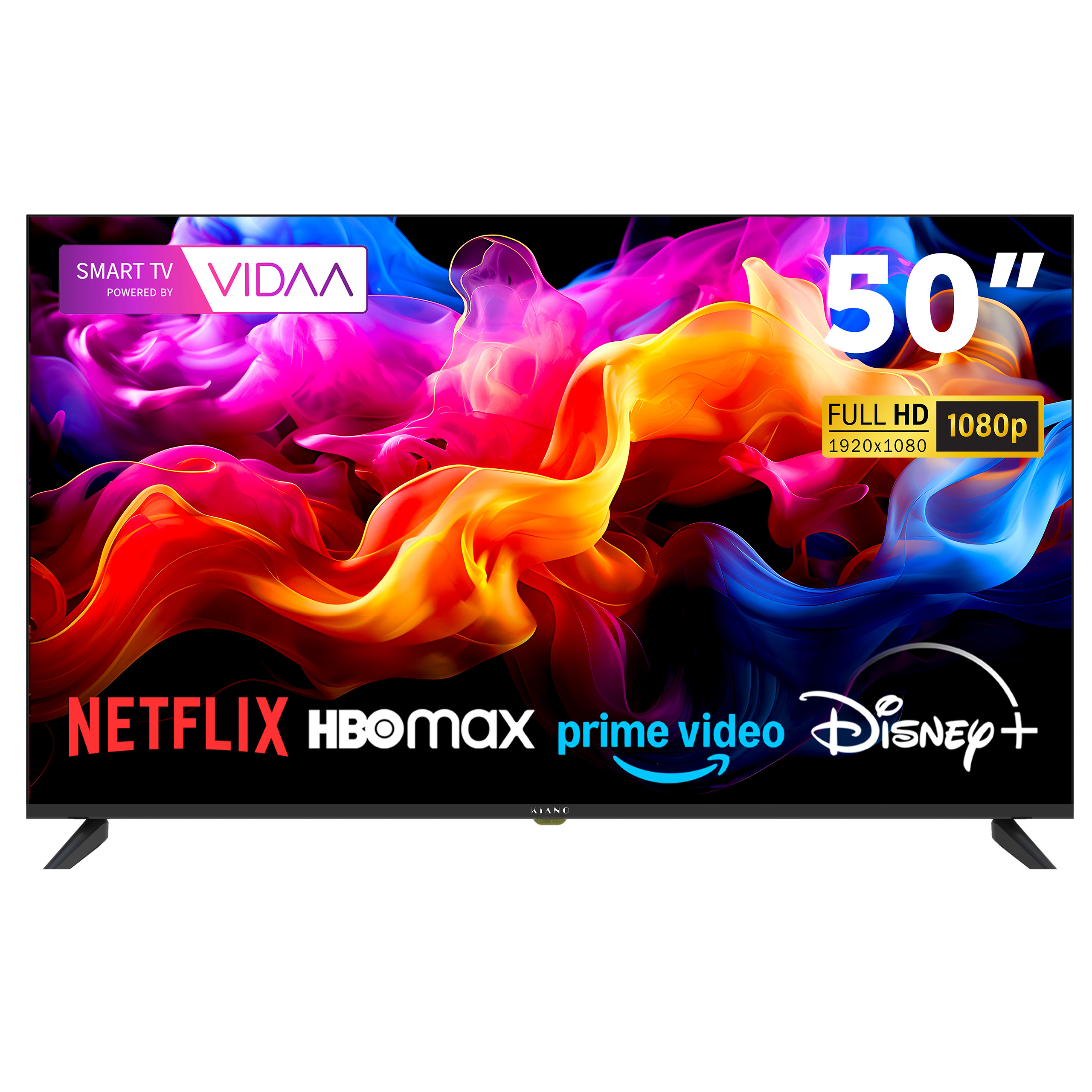 50-calowy smart TV wyświetla kolorowy dym oraz logo aplikacji takich jak Netflix, HBO Max, Prime Video i Disney Plus.