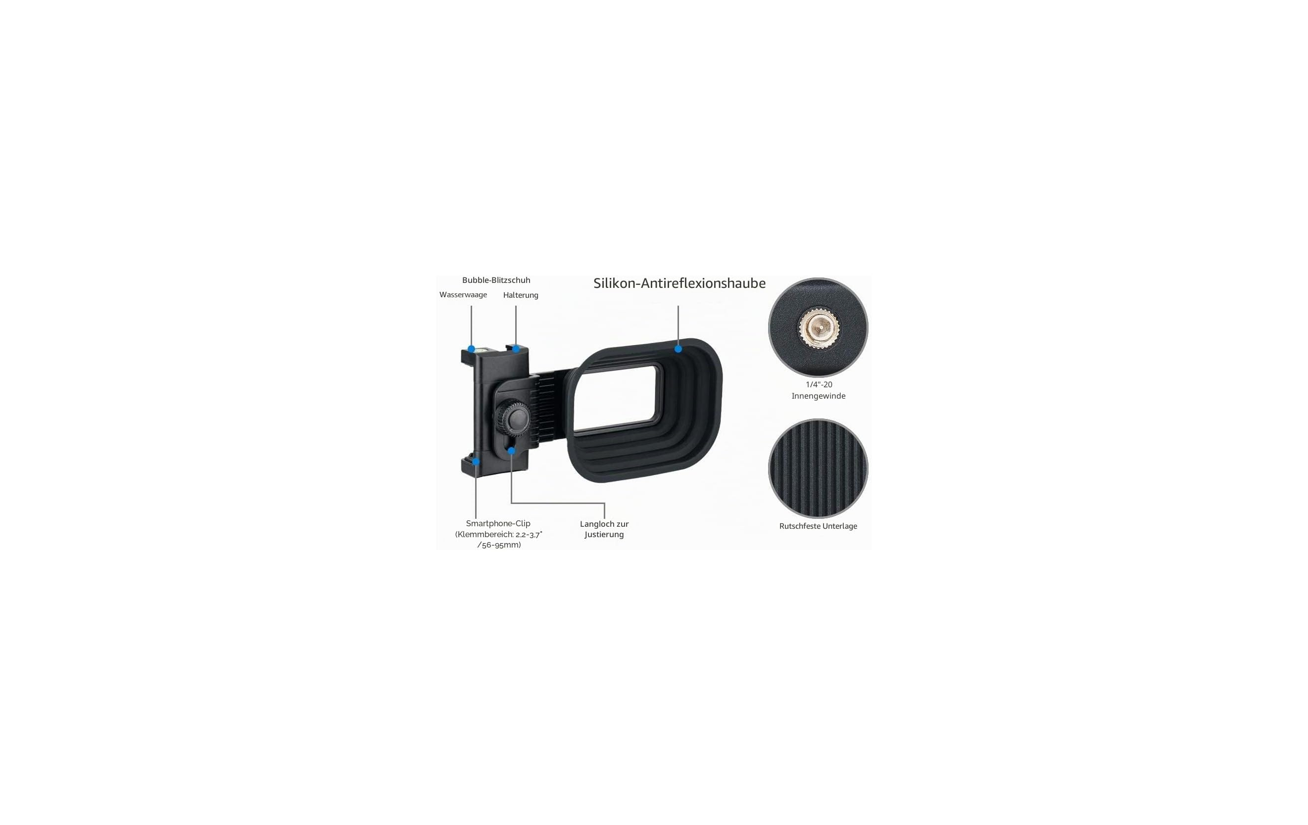 Diagramm eines Smartphone-Clips mit Silikon-Antireflexionshaube und Detailansichten.