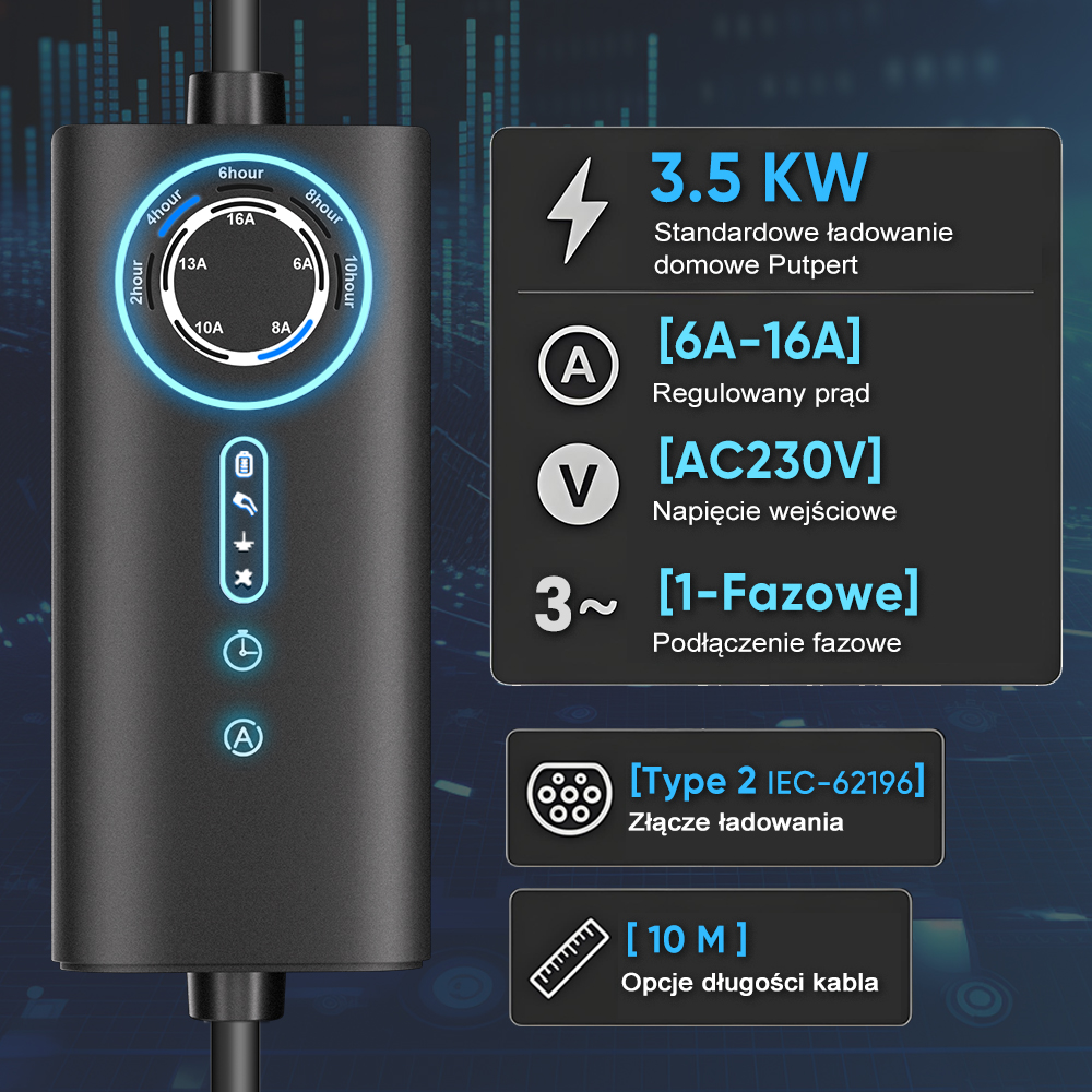 Ładowarka EV z niebieskim wyświetlaczem LED pokazuje 3.5 KW, 6A-16A, AC230V i wtyczkę Typ 2.