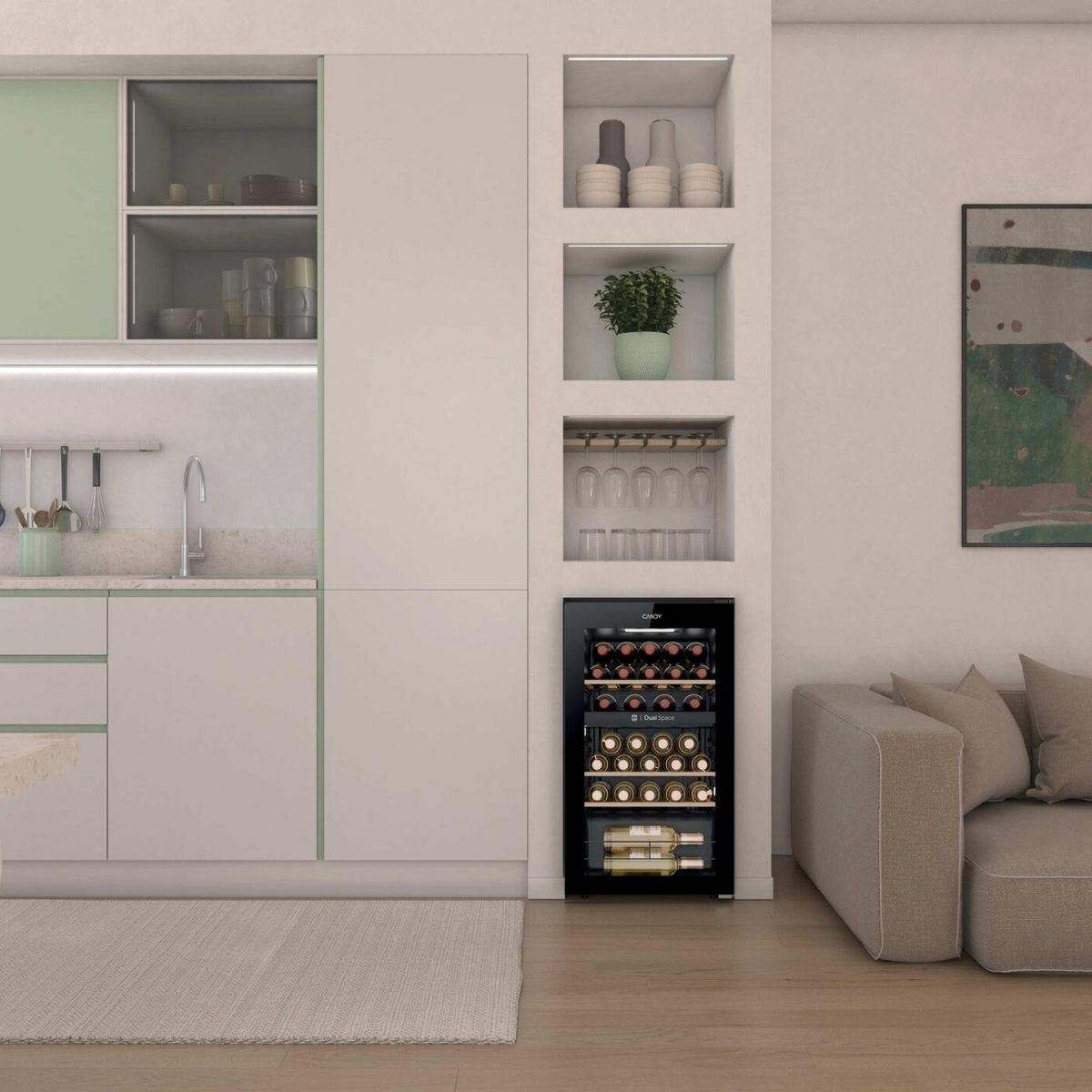 Cocina moderna con vinoteca empotrada, estantes y zona de estar contigua con sofá.