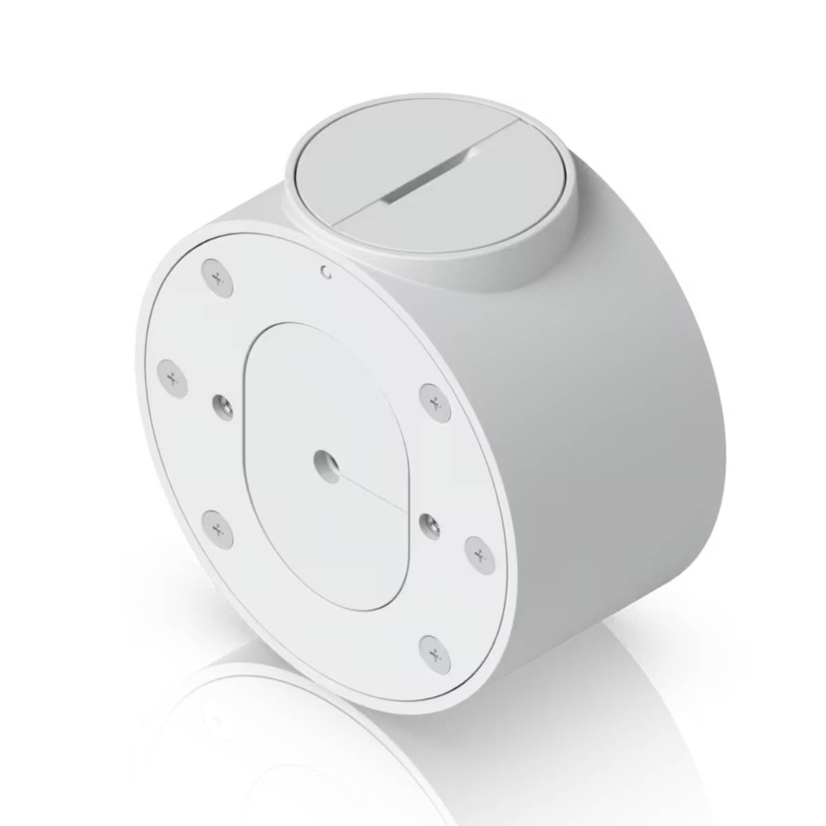 Biała cylindryczna puszką instalacyjna ze śrubami i okrągłą pokrywą na białym tle.