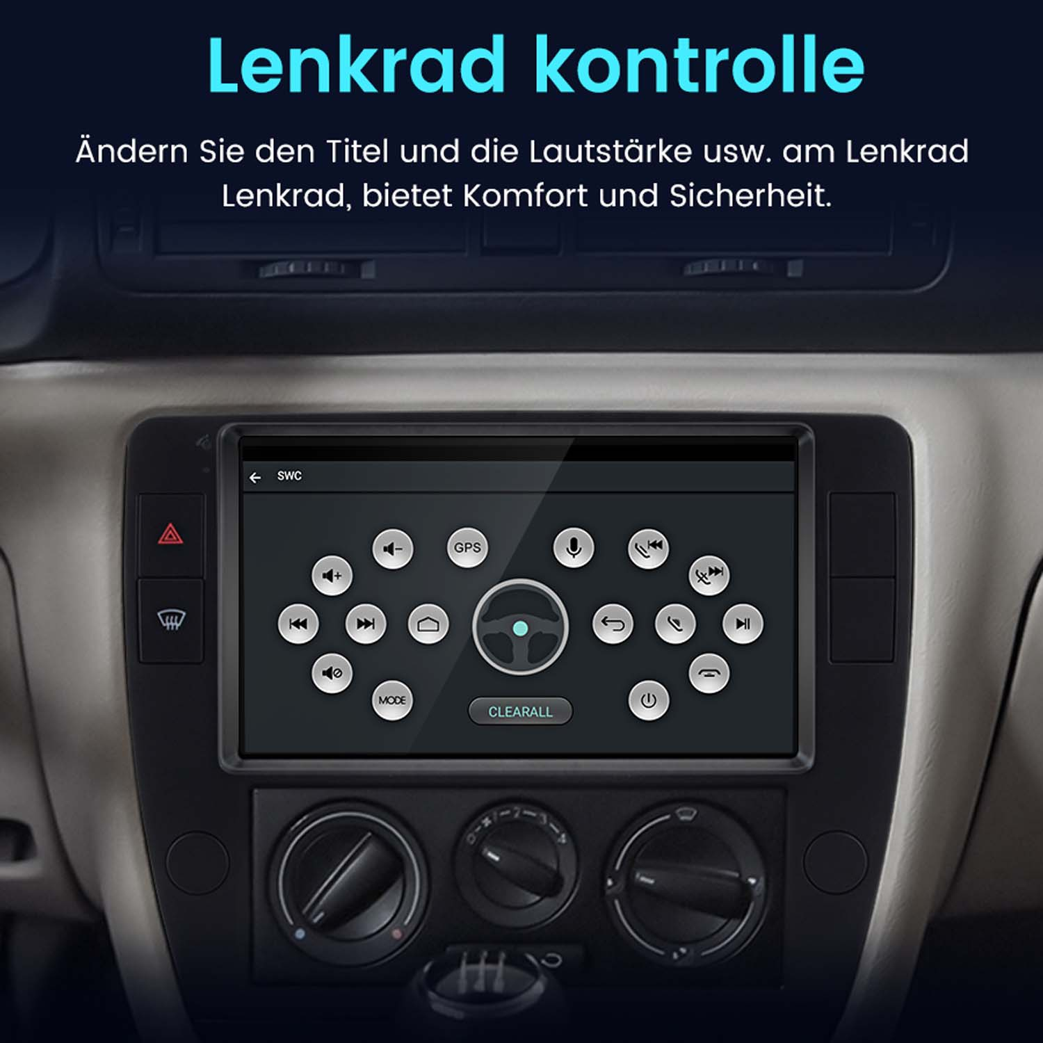 Autoinnenraum mit Touchscreen-Display und Steuerelementen zur Lenkradkontrolle.